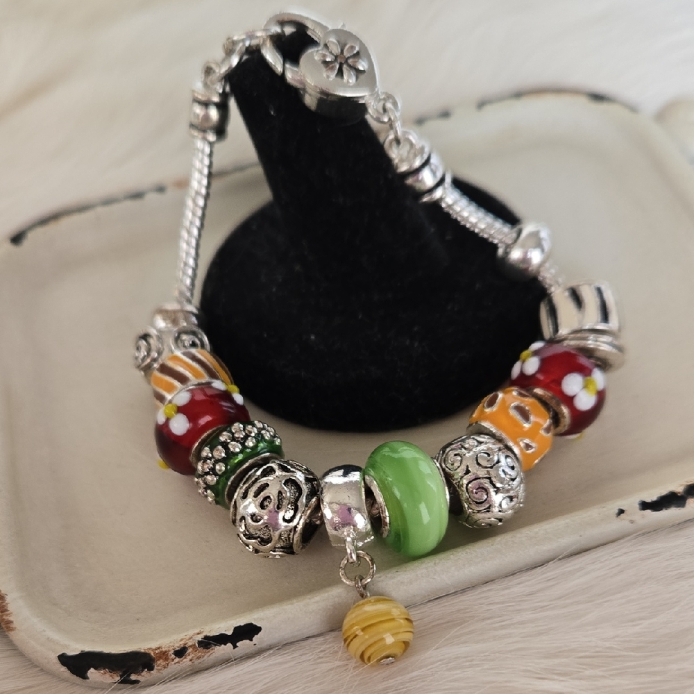 B-036-Silver Tone Charm Bracelet with Red, Green and Yellow Glasswork Beads